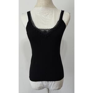 Womens Ribbed Lace Trim Tank Top sz S Black Stretch Layering Preppy Cami Y2K